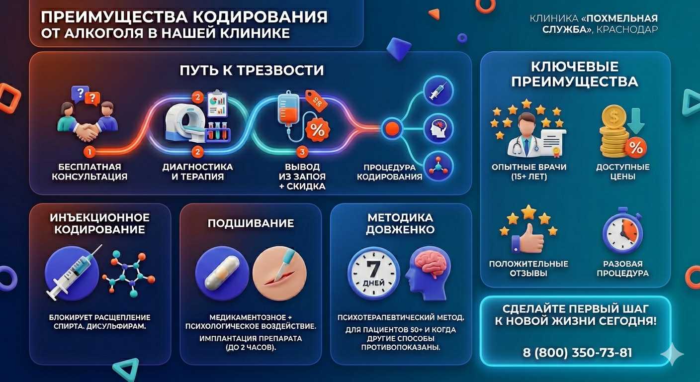 Инфографика о методах кодирования от алкоголя в Одессе: инъекции, подшивание, метод Довженко. Преимущества клиники и этапы лечения.